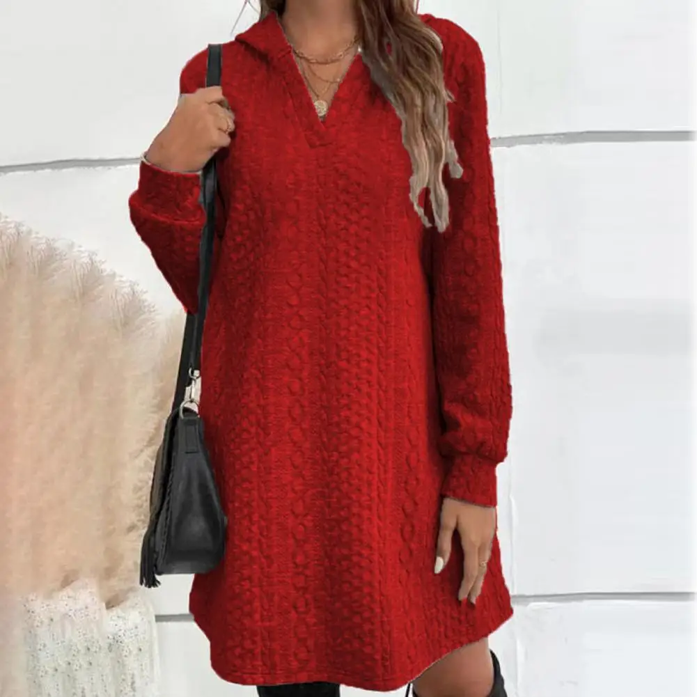 

Thick Loose Mini Dress Cozy Hooded V-neck Women's Dress with Applique Detailing Long Sleeve Pullover Above Knee Length for Fall