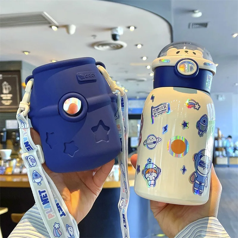 500ml Cute Thermal Water Bottle for Children Thermos Mug with Straw and Bottle Cover Stainless Steel Insulated Cup Drinkware