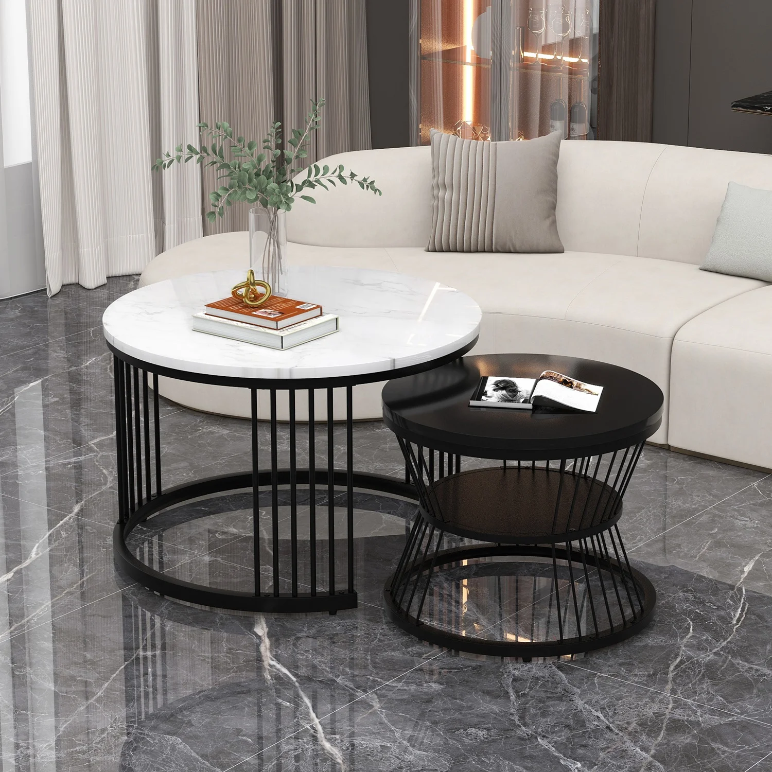 2pcs Modern Coffee Tables Round Nesting Tables Side Table Marbled Industrial Style Furnitures for Living Room, 70x70x45cm – Detail 8