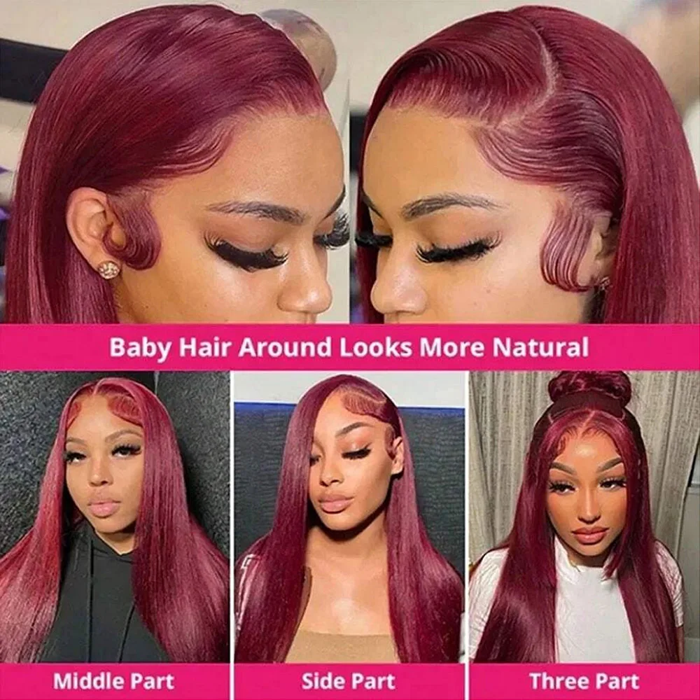 99j Burgundy Lace Front Wigs Human Hair 28 Inch 13x4 HD Transparent Lace Straight Red Wig Human Hair