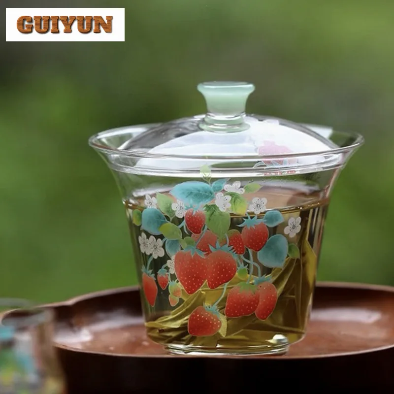 155ml Strawberry Heat-resistant Glass Gaiwan Luxury Tea Tureen Household Tea Making Cover Bowl Services Equipment Ornaments