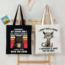 2023 Women's Shoulder Handbags Coffee Black Cats Print Large Capacity Shopping Bag Girls Canvas Tote Bag Reusable Foldable Bags