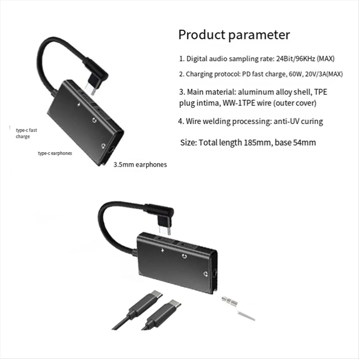 (A75T) 3 in 1 타입 C 이어폰 어댑터 (휴대폰 PD60W 충전, 3.5mm 오디오 지원)