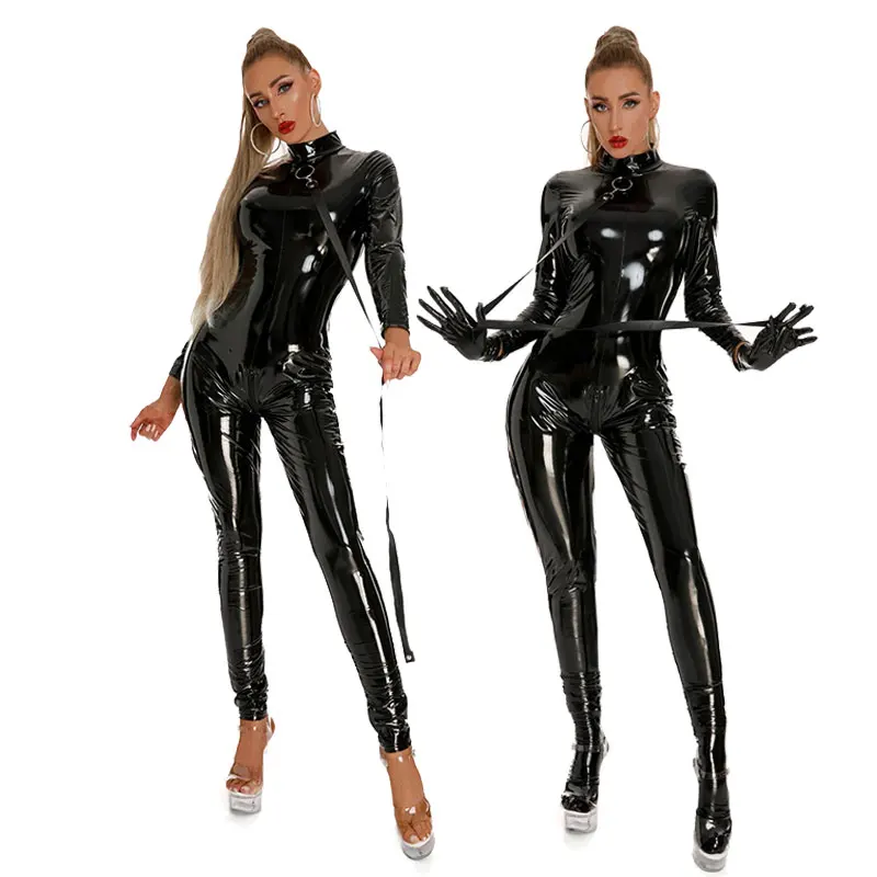 Women Skinny Faux Leather Jumpsuit Black Shiny PU Latex Bodysuit Sexy Zip Open Crotch Catsuit Clubwear PVC Latex Bodysuit