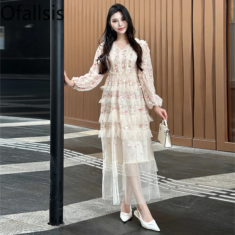 

Ofallsis Elegant Heavy Industry Colorful Positioning Embroidered Mesh Dress 2024 Spring Summer New Long Fit Fairy Cake Dresses