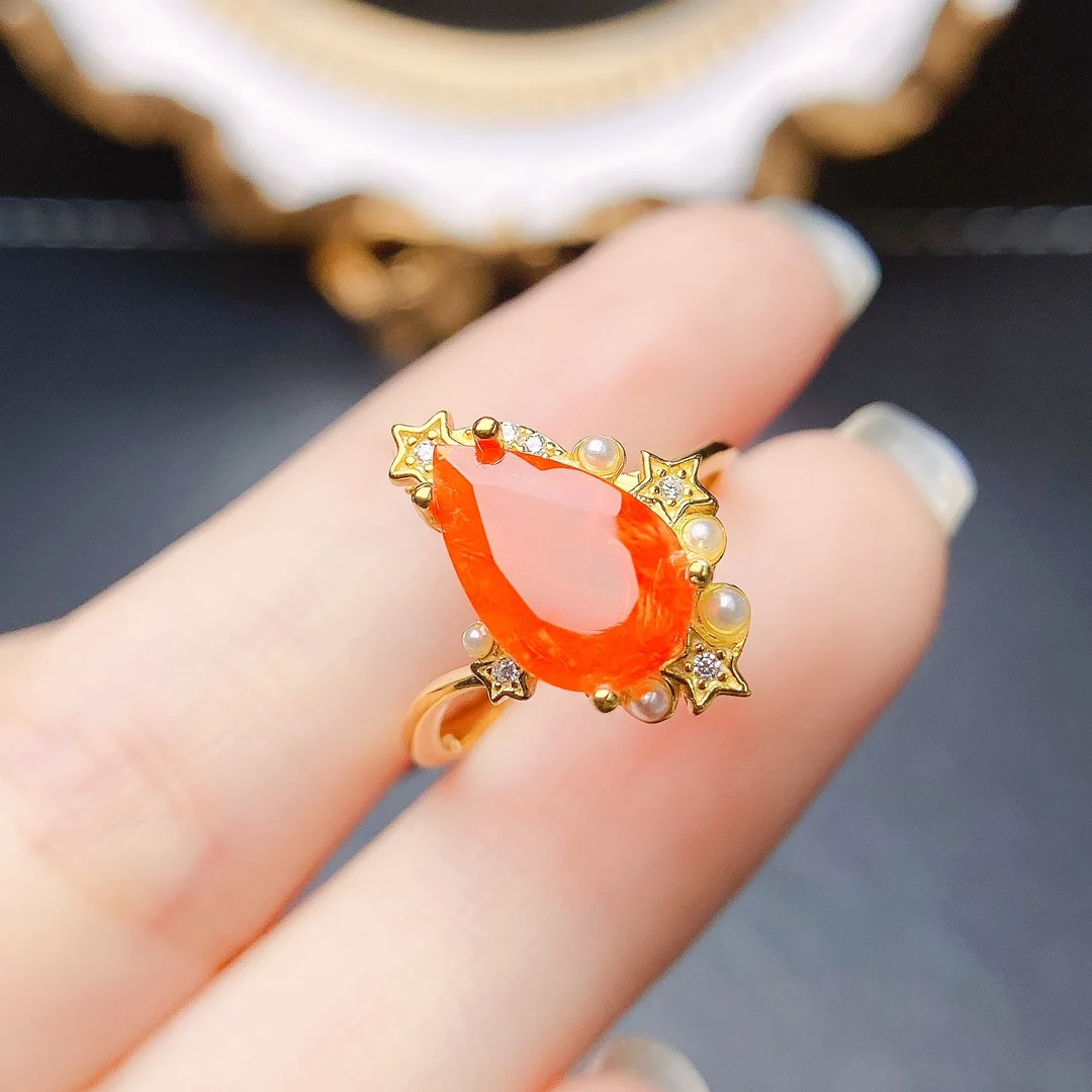 AAA VVS Orange Fire Opal Natural Untreated Earth Mined Red Opal Engagement Ring 925 Silver Opal With Star Promise Rings