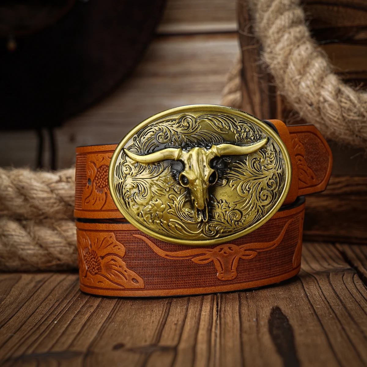 Men’s Western Denim PU Carved Belt – 120cm main image 1