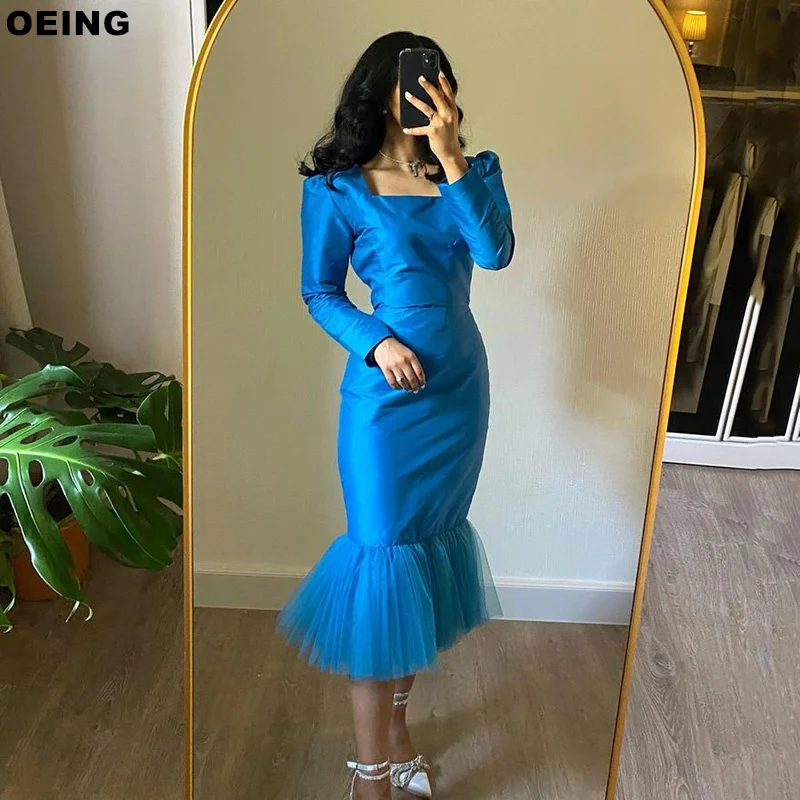 

OEING Blue Mermaid Party Dresses Elegant Long Sleeve Tea Length Evening Dress Special Occasion Gowns Vestidos De Noche