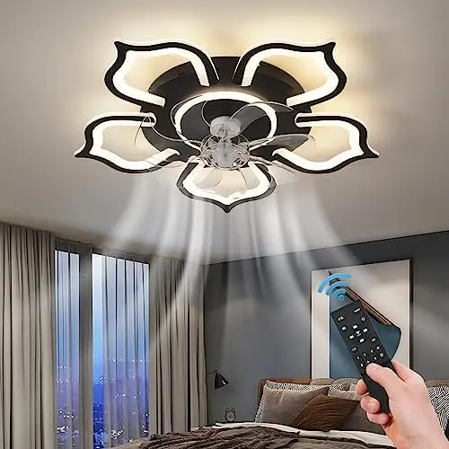

Geometric with Lights, 6 Speeds 3 Colors Low Profile with Light Remote Control, Black Flush Mount for Kitchen Bedroom Living
