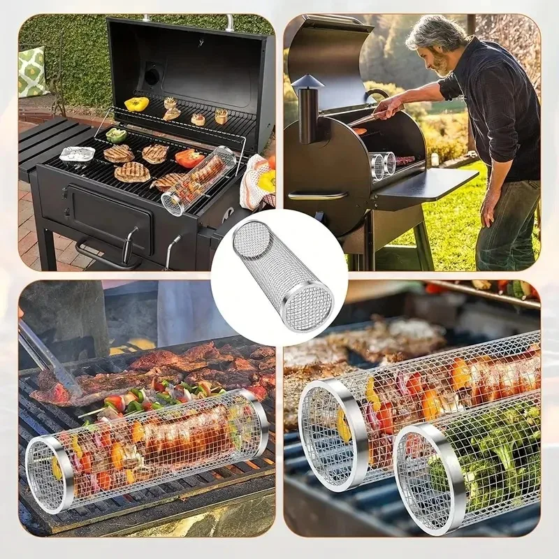1PC Barbecue Grill Grate Barbecue Cages Camping Picnic Cookware Outdoor Round BBQ Campfire Grill Grid Rolling Basket