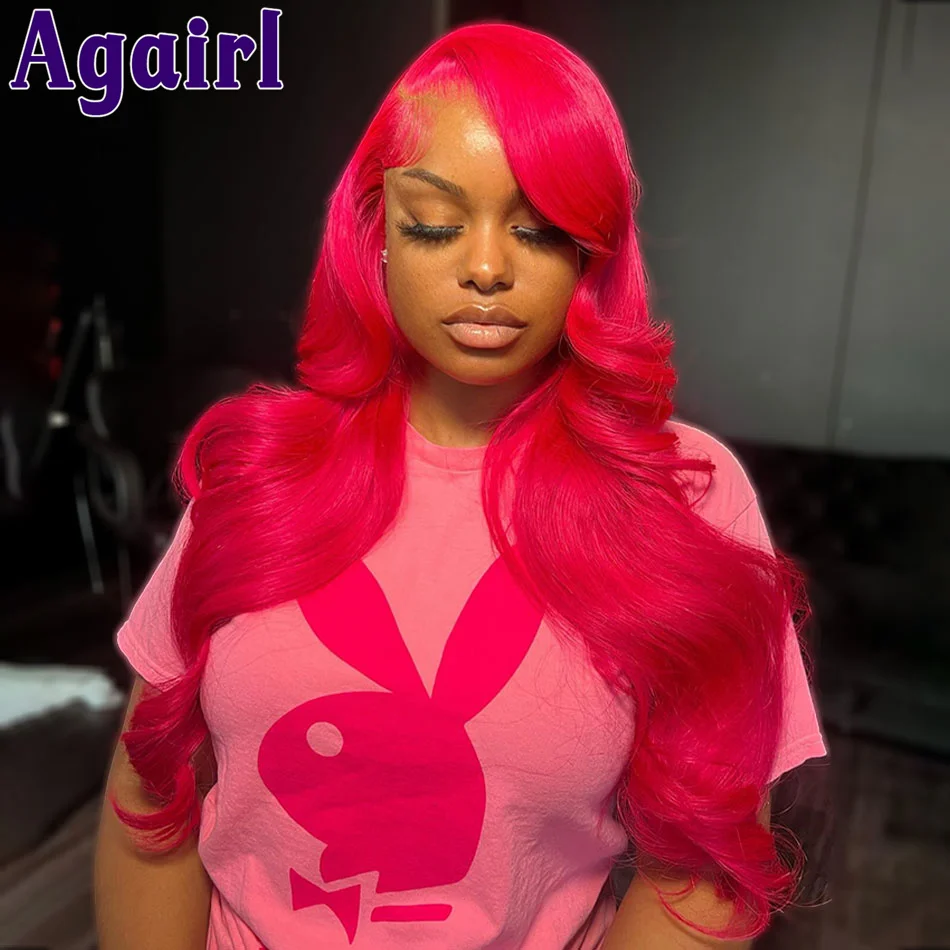 Perruque Lace Closure Wig Body Wave sans colle rose 99J, cheveux naturels, 13x6, avec mèches rouges