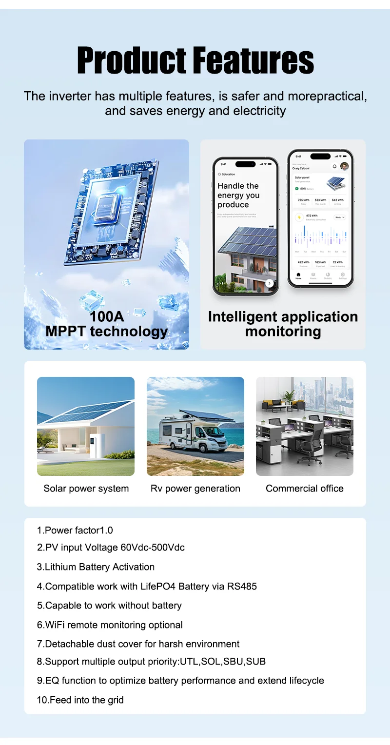 6.2KW 4KW 2KW MPPT Hybrid Solar Inverter Pure Sine Off Grid Tie 230VAC  PV 500V