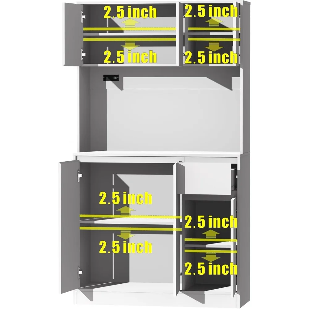 71" Tall White Kitchen Pantry Cabinet,Kitchen Pantry Storage Cabinet with Power Outlet,Freestanding Kitchen Hutch w/ countertop 6