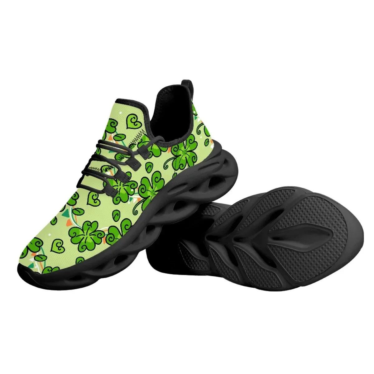 3D Clover Shamrock Pattern Lace-up Platform Sneakers Breathable Non-slip Women Fashion Flat Shoes Outdoor Walking Jogging Shoes
