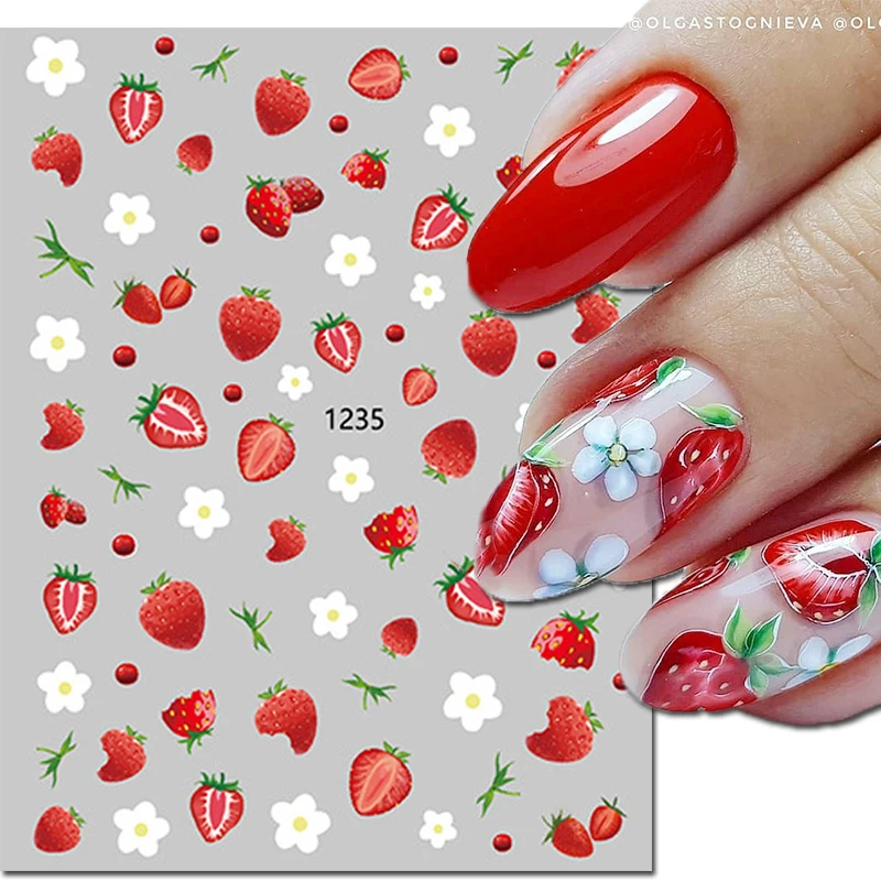 3d Nail Art Decals Cute White Petals Florals Flowers Strawberry Fruits Adhesive Sliders Nail Stickers Decoration For Manicure 1pcs stickers for nails flowers mix patterns sliders nail art decorations manicure self adhesive diy decal