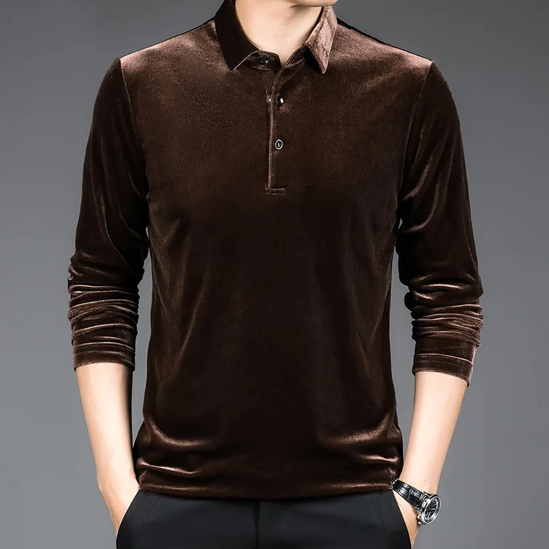 GoldVelvetPoloShirtMenSpringFashionBusinessLongSleeveTee