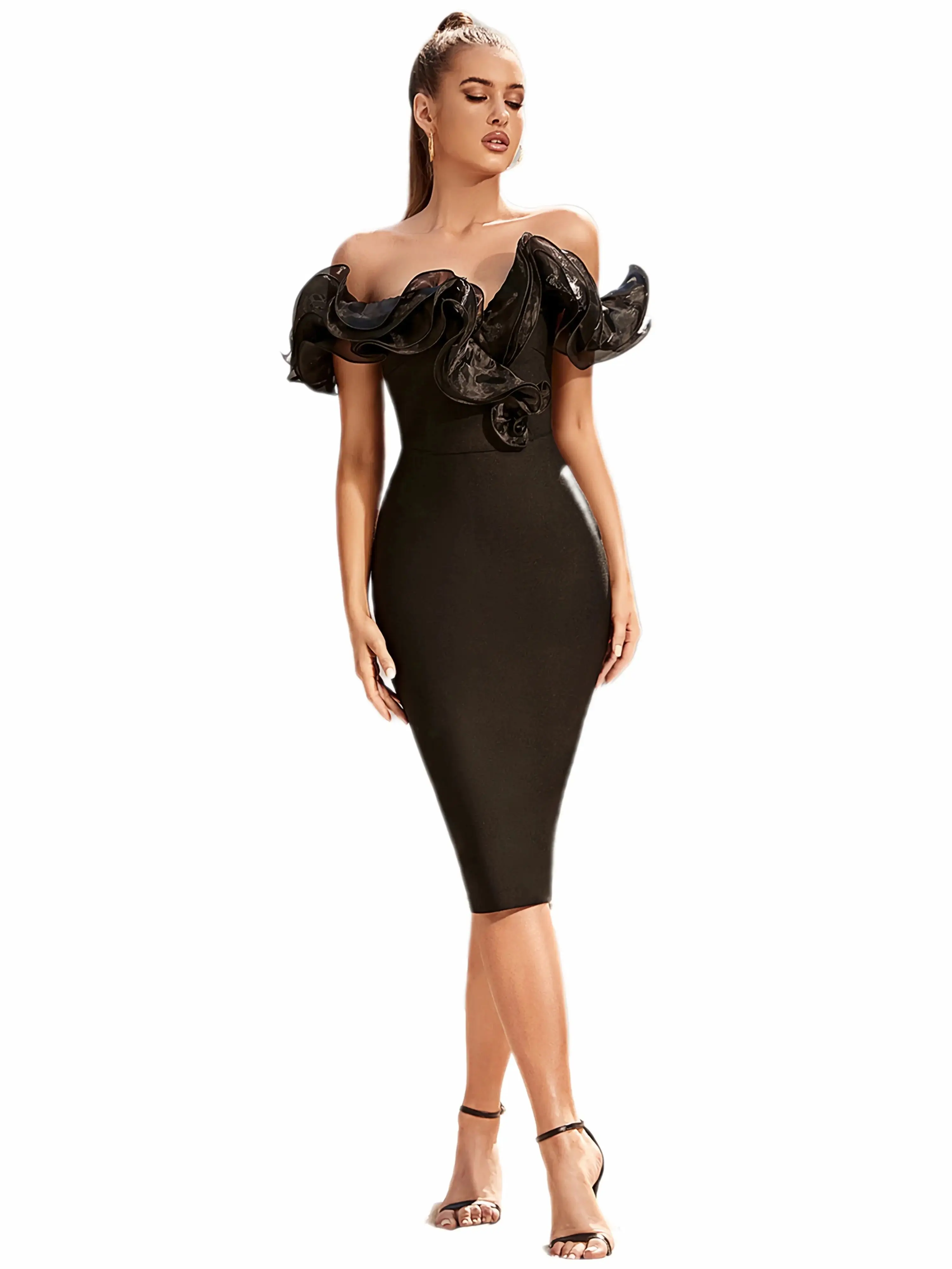 週末SALE【即日発送可能商品】【脱皮エビ】ダンベルクラブ Women's Off Shoulder Bandage Midi Dress Luxury Design