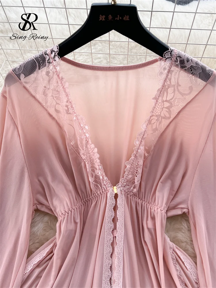 SINGREINY Sheer 에로틱 Shapewear 롱 드레스 프렌치 루즈 긴 소매 스플릿 Nightwer 2023 Women Sheer Mesh 섹시한 잠옷 가운