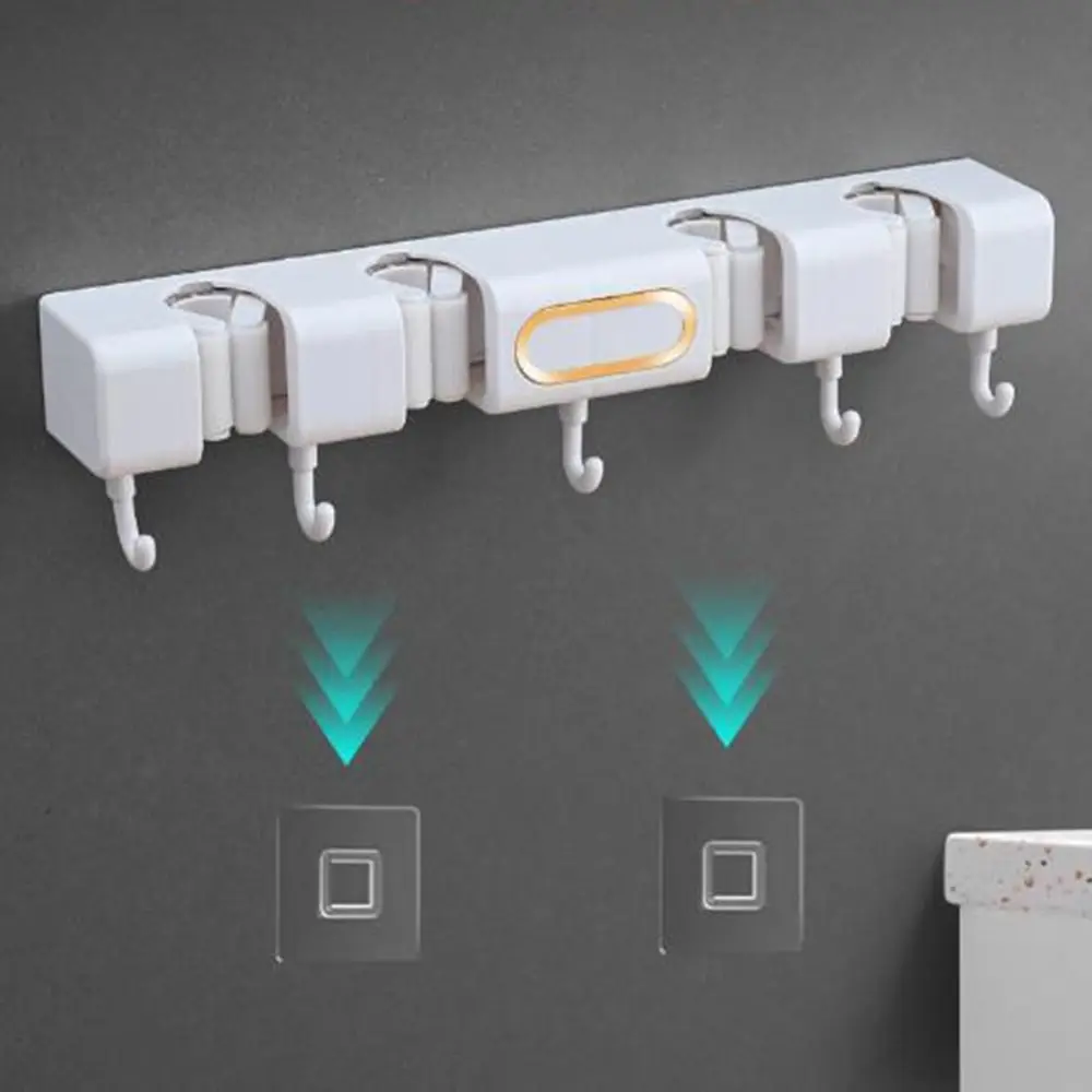 Plastic Wall-Mounted Mop Holder Self-Adhesive Waterproof Broom Mop Holder Space Saving Punch-Free Broom Storage Rack Bathroom
