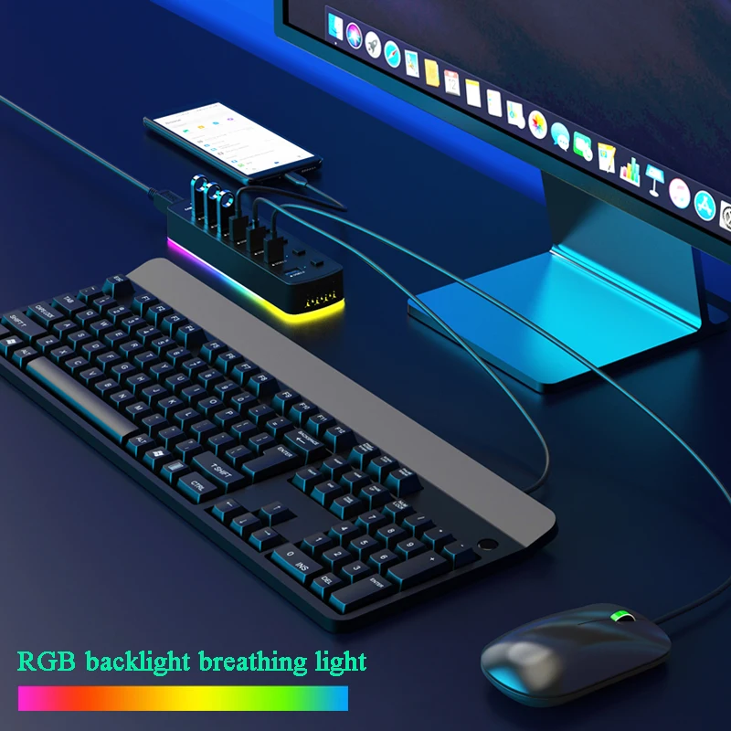 RGB USB 3.0 Hub 7 Ports Data Port Adapter 5Gbps Individual On/Off Switch Splitter Gaming USB Hub For Laptop PC Computer Accessor — view 3