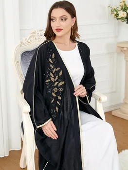 Black Open Abaya Muslim Women Kimono Cardigan Sequins Kaftan Eid Mubarak Islam Clothing Robe Marocain Caftan Long Dress Jalabiya