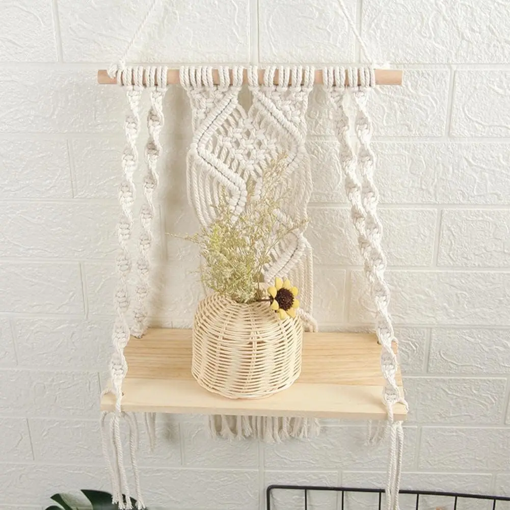 Boho Chic Macrame Wall Hanging Shelf - Woven Rope Plant Hanger for Stylish Decor & Versatile Storage