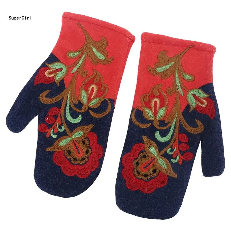 

Women Winter Faux Cashmere Thicken Warm Full Finger Gloves Ethnic Vintage Colorful Floral Embroidered Thermal Mittens