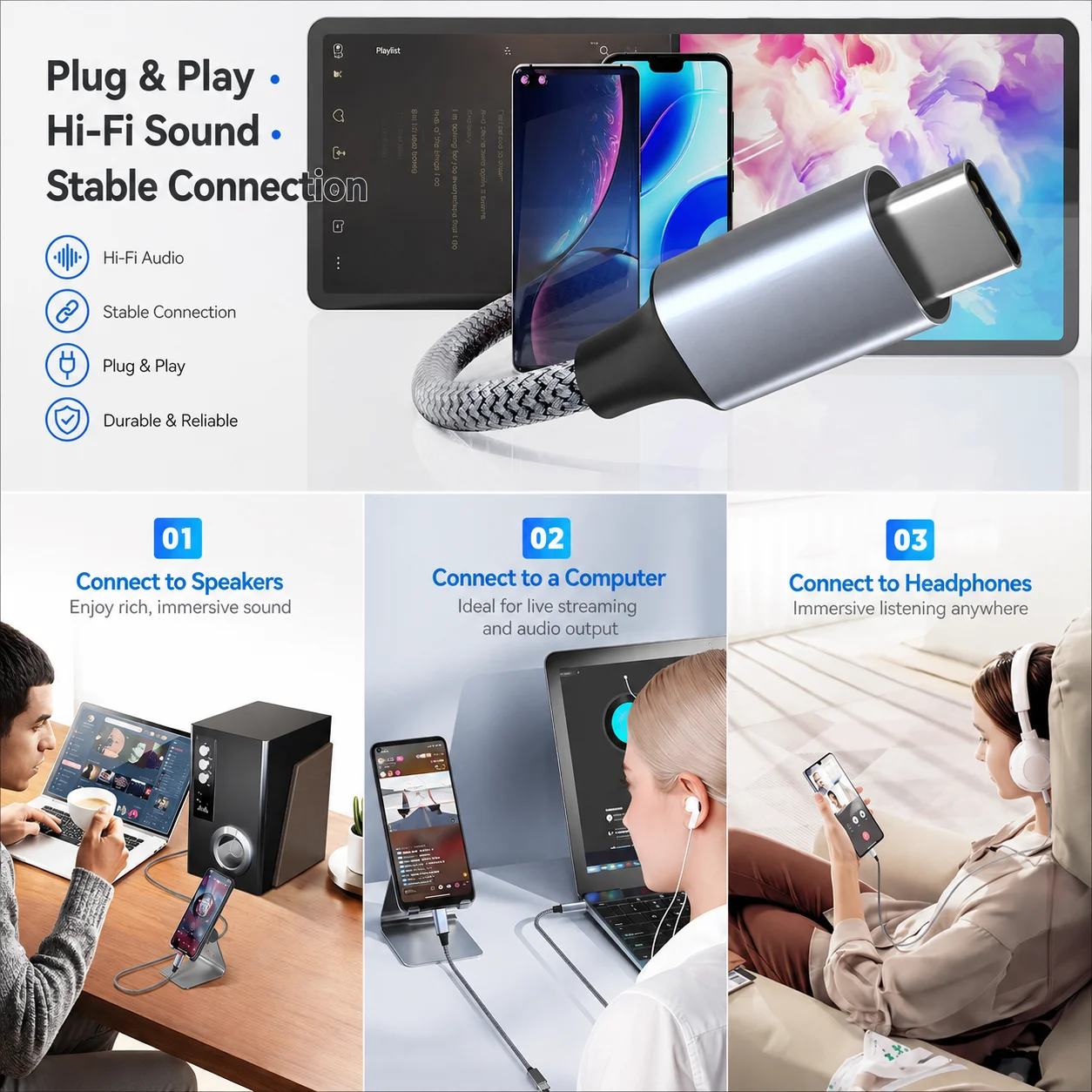 Premium USB-C to 3.5mm HiFi Stereo Audio Adapter – Braided Sound Cable for Headphones & Speakers
