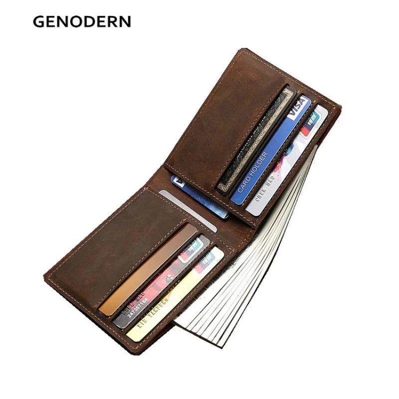 GENODERN Crazy Horse Leather Men\'s Wallet Vintage Cow Leather Wallet for Men Slim Male Purse