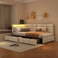 Rosahqnda Lit enfant 90x200cm, lit rembourré avec USB et lumière LED, canapé-lit simple avec 2 tiroirs, tissu en lin, sans matelas 4