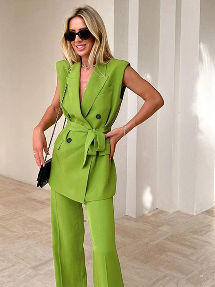 Women Fashion Trousers Two Piece Sets Casual Loose Sleeveless Vest Coat Wide Leg Pants Suits 2023 Spring Commuter Office Set european and american women s clothing spring and summer new fashion leisure sleeveless solid color two piece set