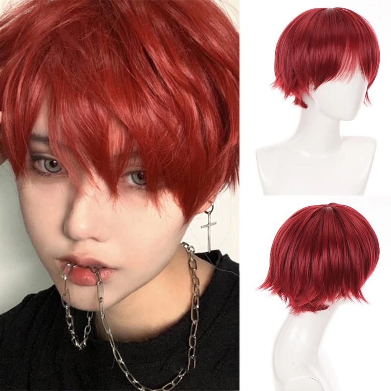 Pageup Red Men's Synthetic Wig Short Straight/Curly Wigs With Bangs For Male Boy Cosplay Anime Daily Party Wig Heat Resistant men short straight hairpiece with bangs spots gray hair coverage natural high temperature fiber male black synthetic hair wig