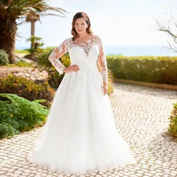 Pastrol Wedding Dresses Plus Size O Neck Long Sleeves Bride Gowns Lace Applique Backless A-Line Sweep Train فستان حفلات الزفاف