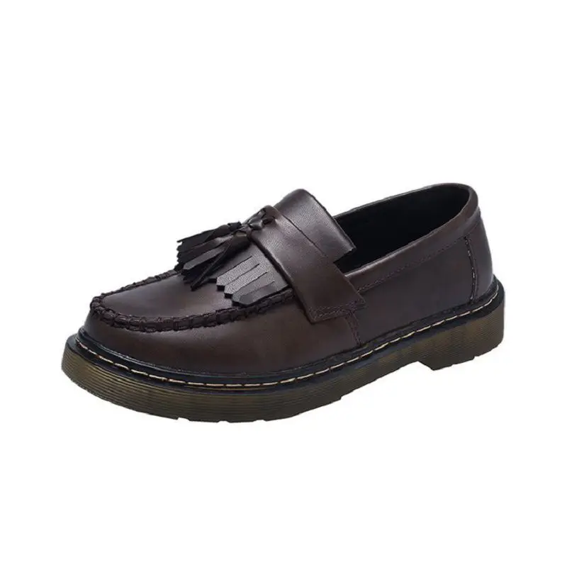 Women Tassel Loafer Brown Black Rubber Sole Flats College Style Shoes HY1