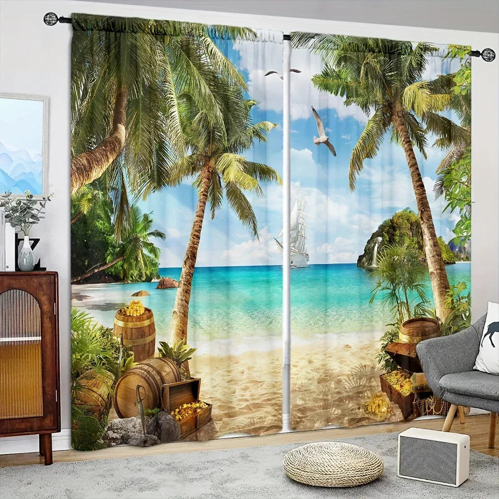 2pcs Beach Scenery Printed Curtain for Home Decor - Rod Pocket Window Treatment for Bedroom,Office,Kitchen,Living Room,and Study