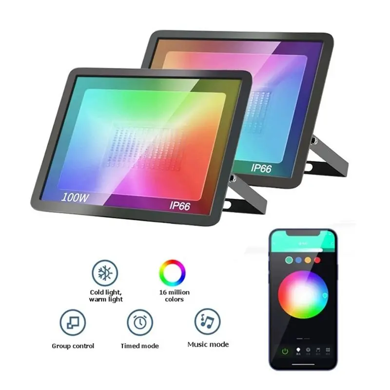 【지금 구매하세요】스마트 TUYA Wifi 100W RGB 투광등 블루투스 연결 앱 음성 제어 기능으로 정원 파티 야외 조명 가능