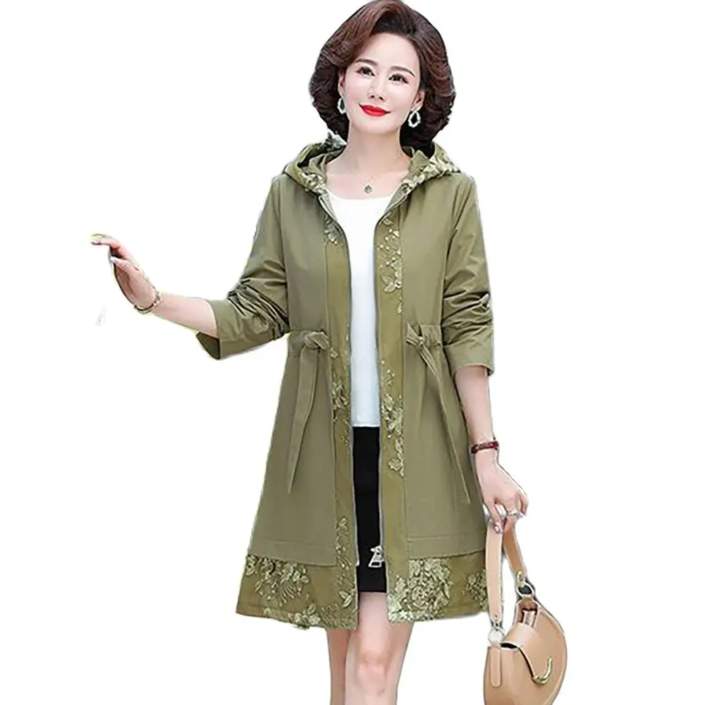 

High-end Women's Spring And Autumn New Fashion Lace Temperament In Europe And America Long Trench Coat Ladies Hooded Slim Coat