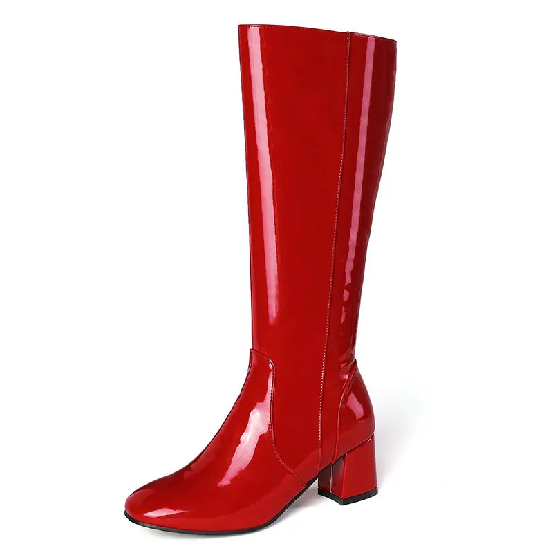

Women Pu Leather Fashion Boots Mid Calf Boots Platform Thick High Heels Sqaure Toe Zipper Sexy Winter Autumn Shoes Red