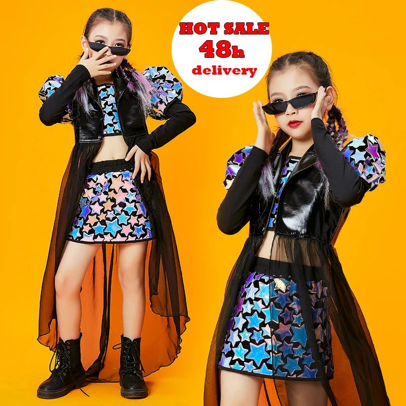 

Wear Jazz Dance Costumes Performance Stage Outfits Fashion Hip Hop Clothing For Girls Mesh Tail Skirt Suit Street Dance