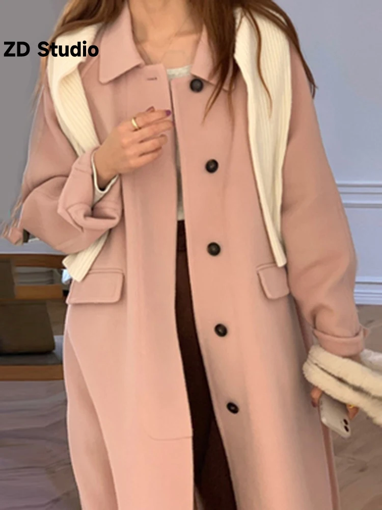 

[ZD Studio] 2023 Autumn And Winter New Korean Version Of Solid Color Loose Medium Long Woolen Coat Female