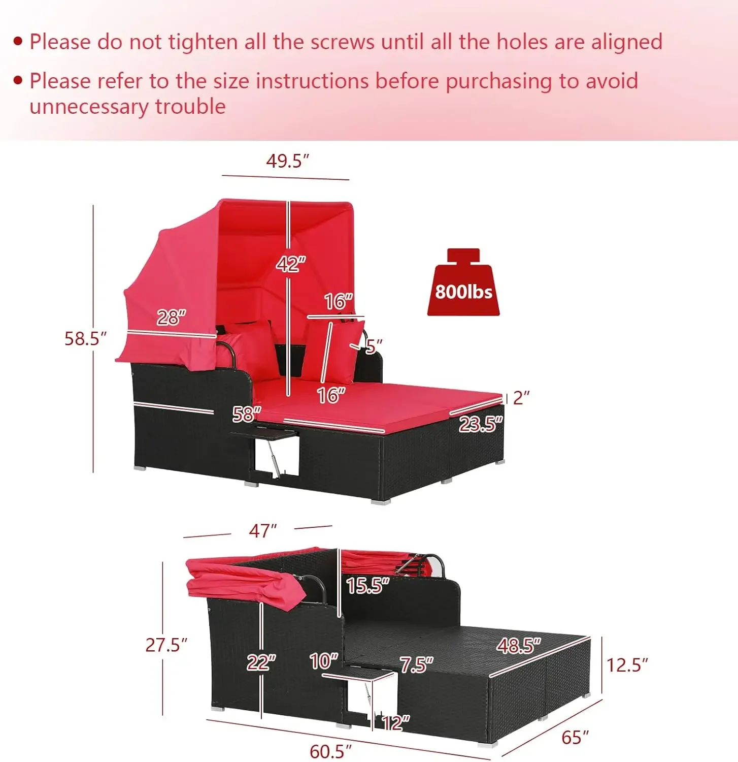 Outdoor Hand-Woven PE Wicker Daybed Patio Loveseat Sofa Set with Retractable Canopy & 2 Side Tables, Outdoor Sun Lounger 3