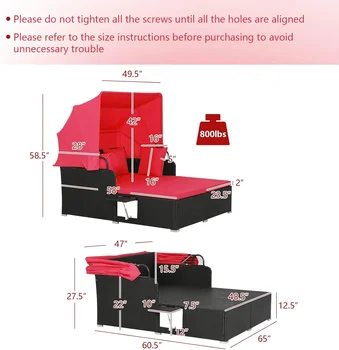 Outdoor Hand-Woven PE Wicker Daybed Patio Loveseat Sofa Set with Retractable Canopy & 2 Side Tables, Outdoor Sun Lounger 3