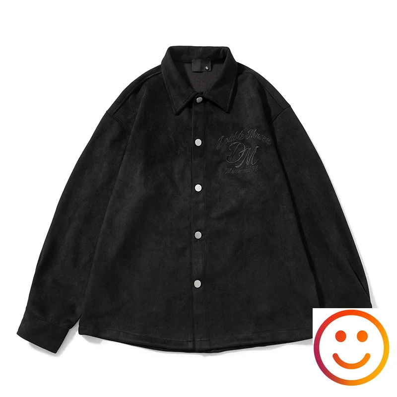 Shoulder Drop Loose Embroidered Letter Leather Velvet Shirt Jacket for Men Women Single Breasted Black Khaki Heavy Weight Shirts