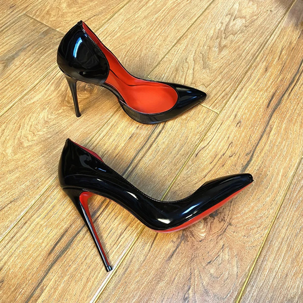 High Heeled Shoes with Side Air, Red Sole, Black Women's Shoes, Sexy Slim Heels, Pointed Toe, Patent Leather, Shallow Cut Heels