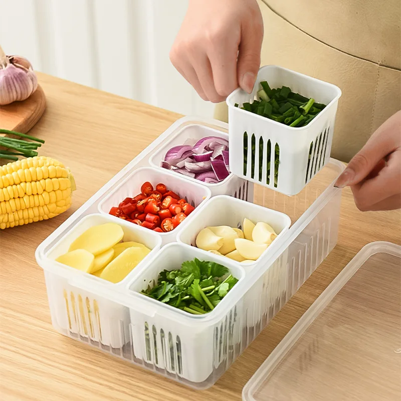 Naturegr Food Container 4 Compartments Water Draining Plastic Rectangular  Stackable Fruit Vegetables Storage Box Kitchen Accessories