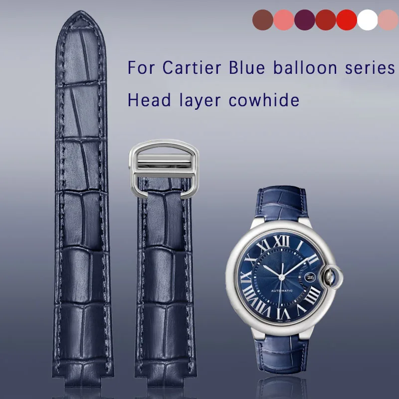 Deep Blue Genuine Leather Watchband For Cartier Blue Balloon Convex Mouth Belt Women'S Strap 14 16 18 20Mm Watch Accessories