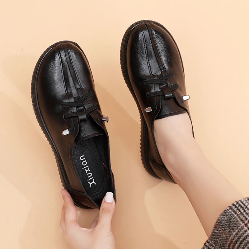 Mother Classic Leather Oxfords Shoes Ladies Laced Up Flats Women's Loafers Office Shoes Women Casual Slip On Driving Moccasins