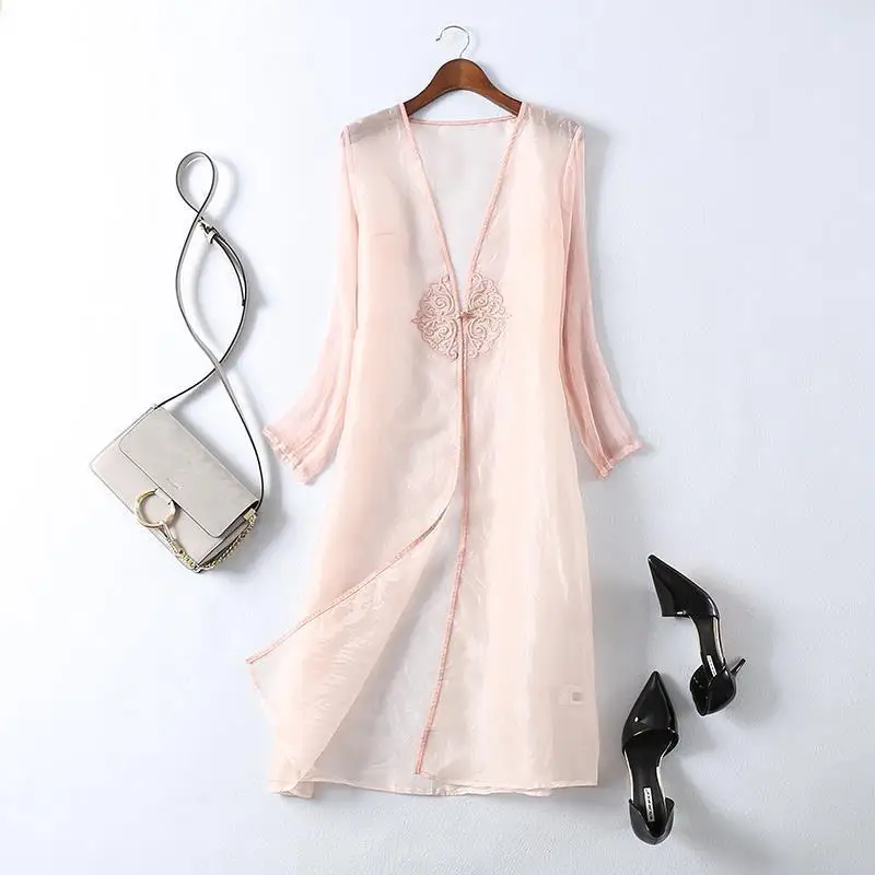 2023 New Summer Chinoiserie Style Retro Embroidered Cheongsam Coat Casual Cardigan Loose with Medium Long National Style Coat pure copper coarse medium and fine three use cigarette holder retro recycling trolley filter cigarette holder cigarette filters