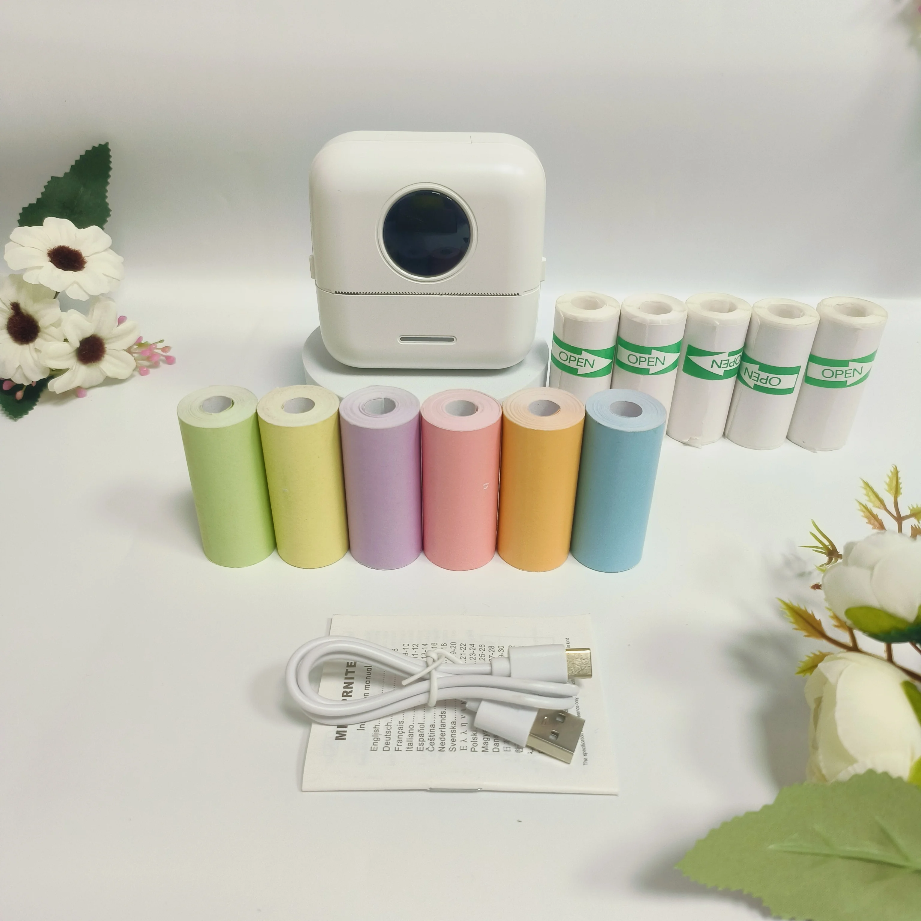 컴팩트 휴대용 무선 열전사 포켓 미니 프린터 세트, 203Dpi 고해상도, USB..