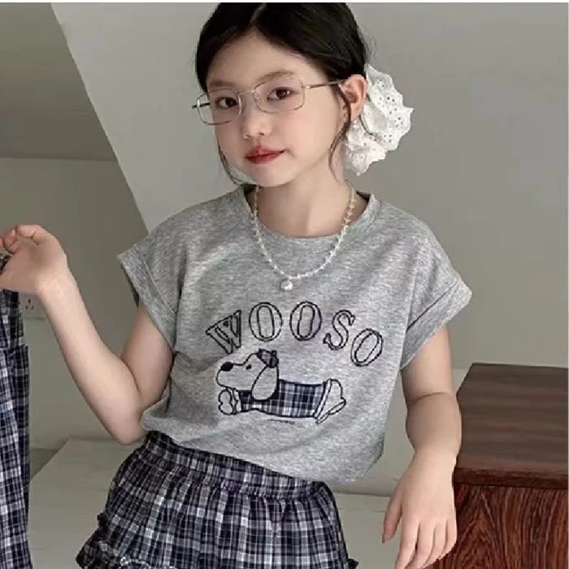 Toddler Girl 2Pcs Summer Outfits Cute Cartoon Print Short Sleeve T-Shirt Plaid Ruffle Skirt Set Kids Girls Casual Daily Clothes 3